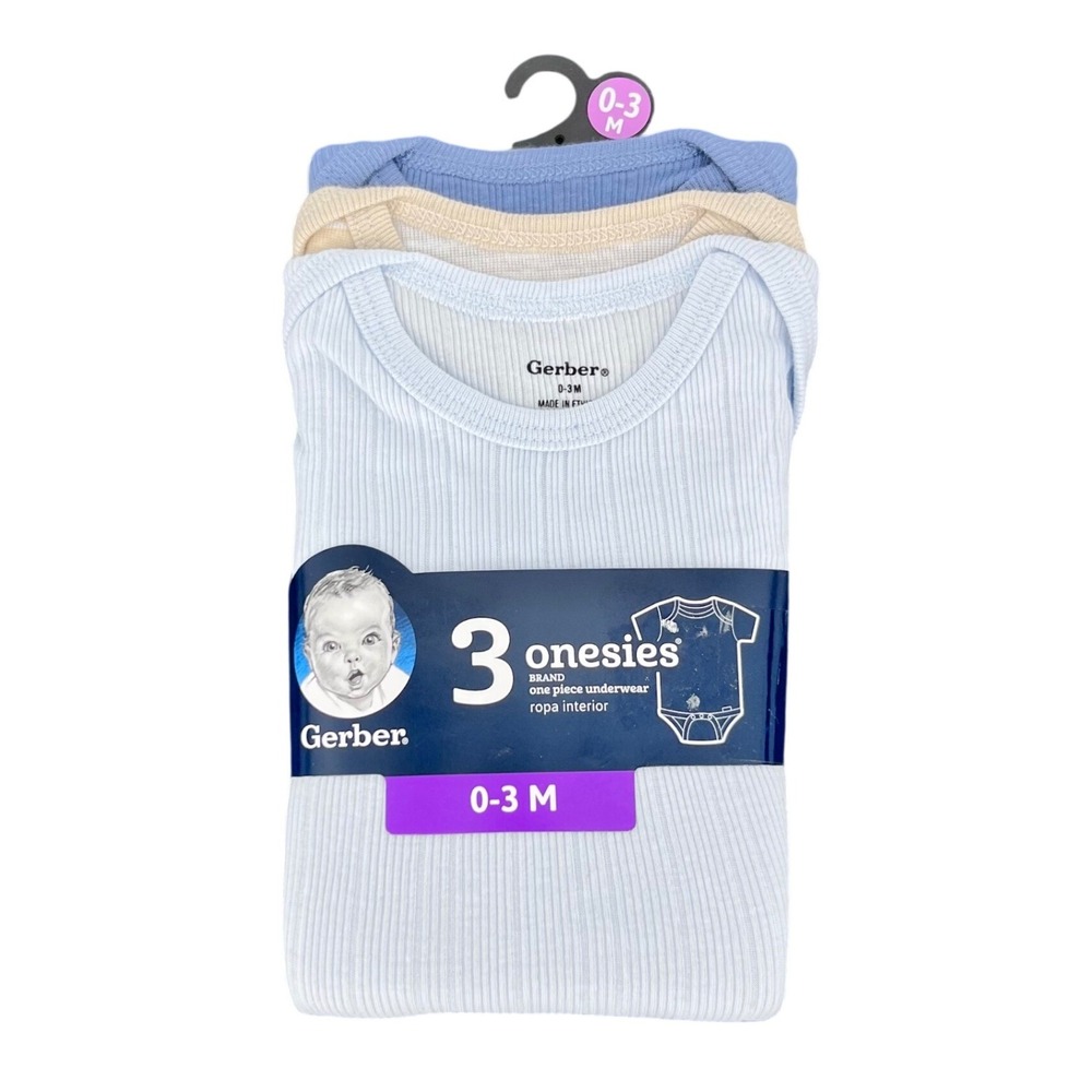Gerber Onesies Bodysuit Baby Boy 0-3M Blue Tan Ribbed Short Sleeve Cotton 3 Pack